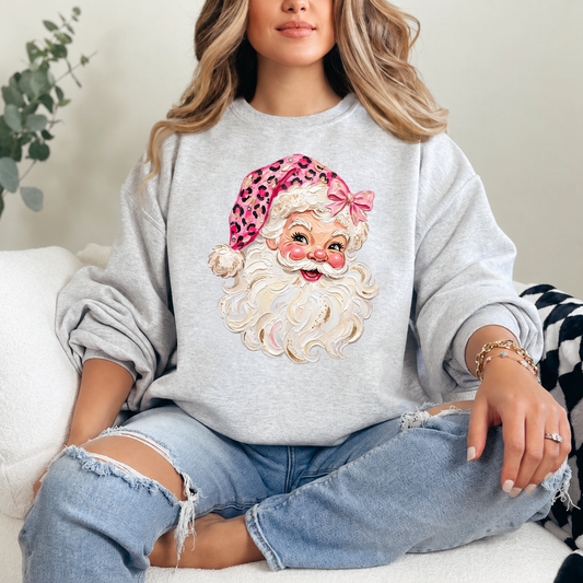 Pink Leopard Bow Santa Crewneck — Ash