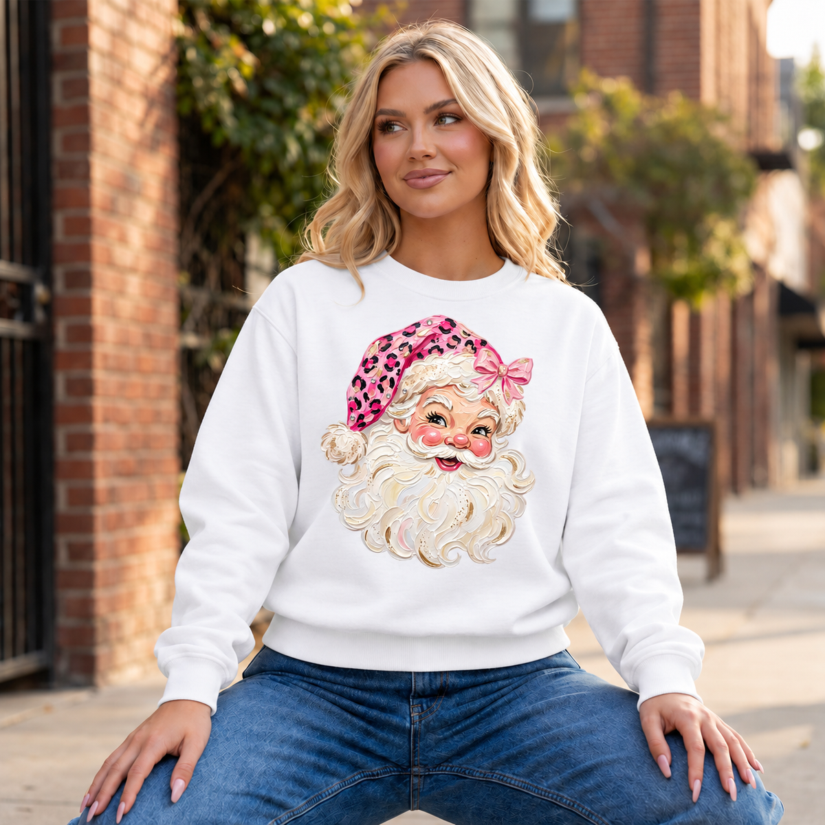 Pink Leopard Bow Santa Crewneck — White
