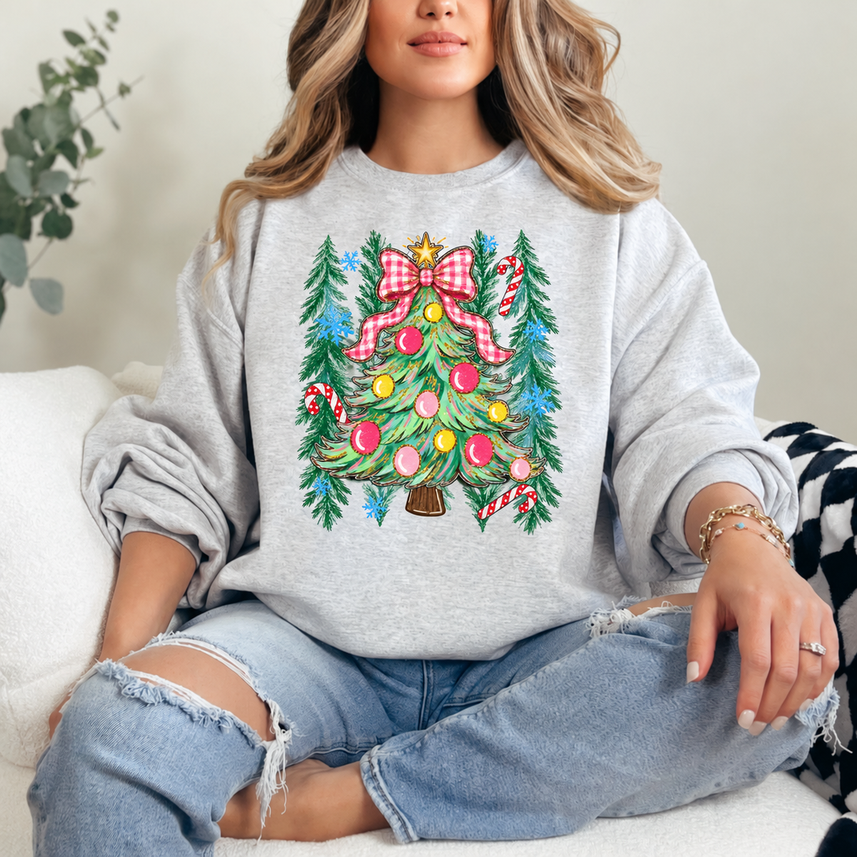 Plaid Bow Christmas Tree Crewneck — Ash