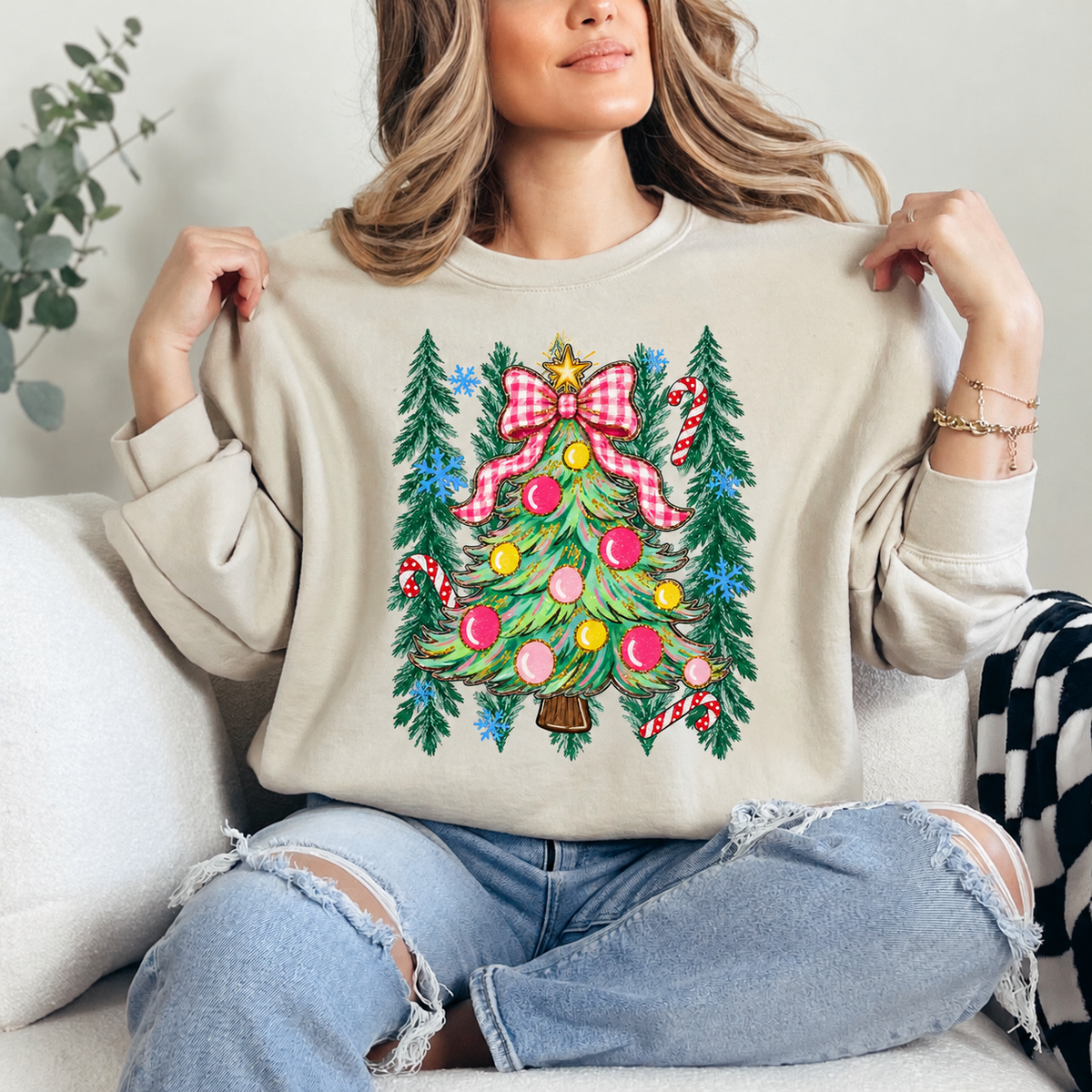 Plaid Bow Christmas Tree Crewneck — Sand