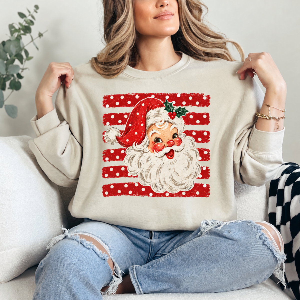 Polka Dot Santa Crewneck — Sand