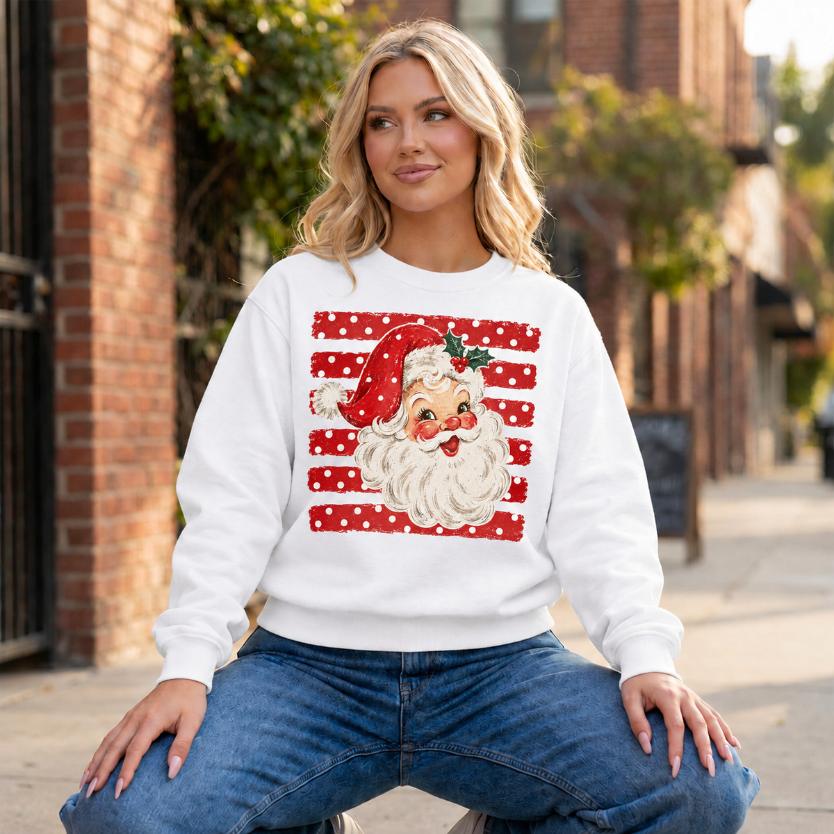 Polka Dot Santa Crewneck — White
