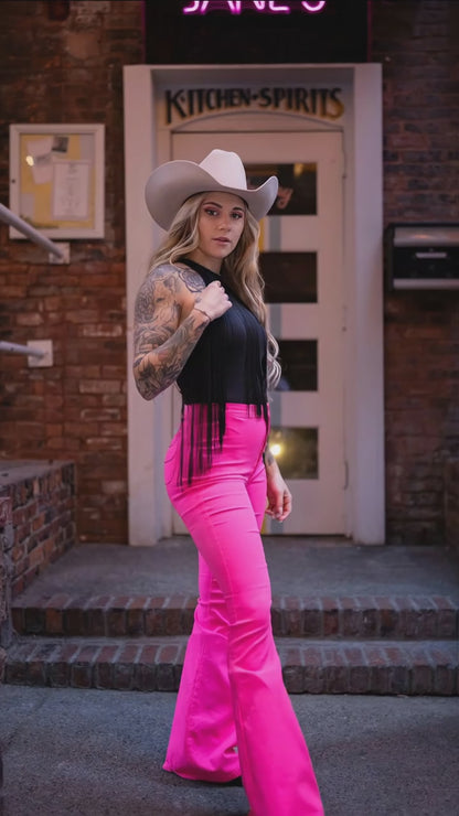 Fiona High Waisted Bell Bottom Flare Jeans - Pink