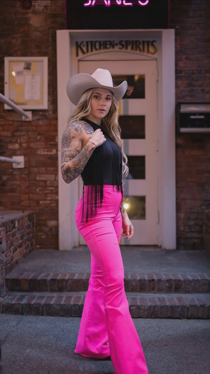 Fiona High Waisted Bell Bottom Flare Jeans - Pink