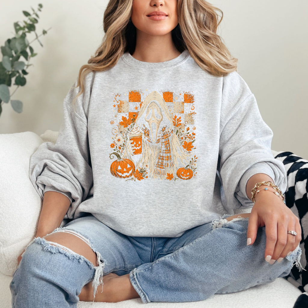 Pumpkin Spice Ghostface Graphic - Ash/Heather Grey Crewneck on model