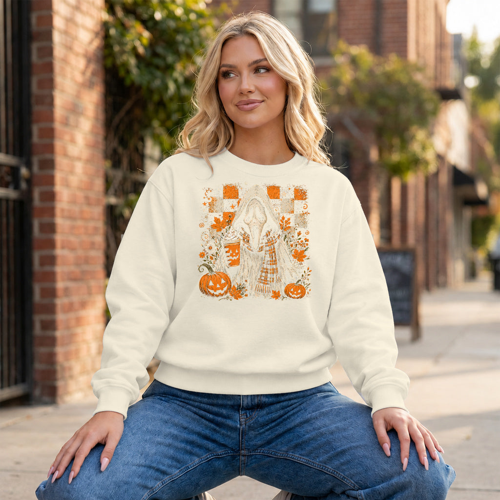 Pumpkin Spice Ghostface Graphic - Ivory Crewneck on model