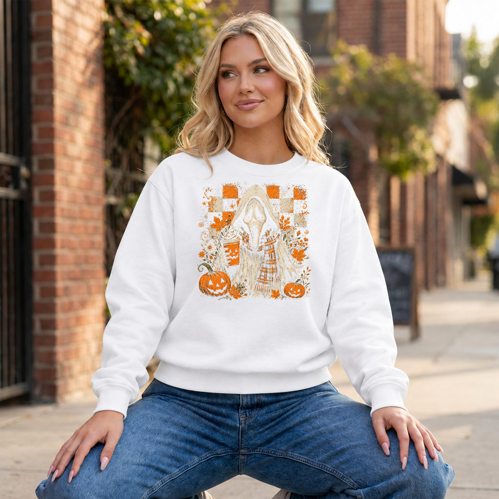 Pumpkin Spice Ghostface Graphic - White Crewneck on model
