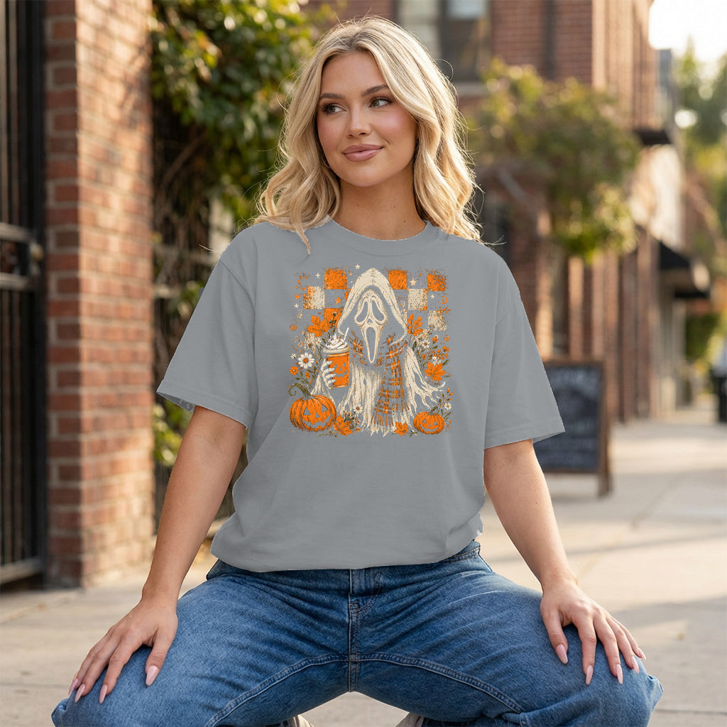 Pumpkin Spice Ghostface Graphic - Grey T-Shirt on model