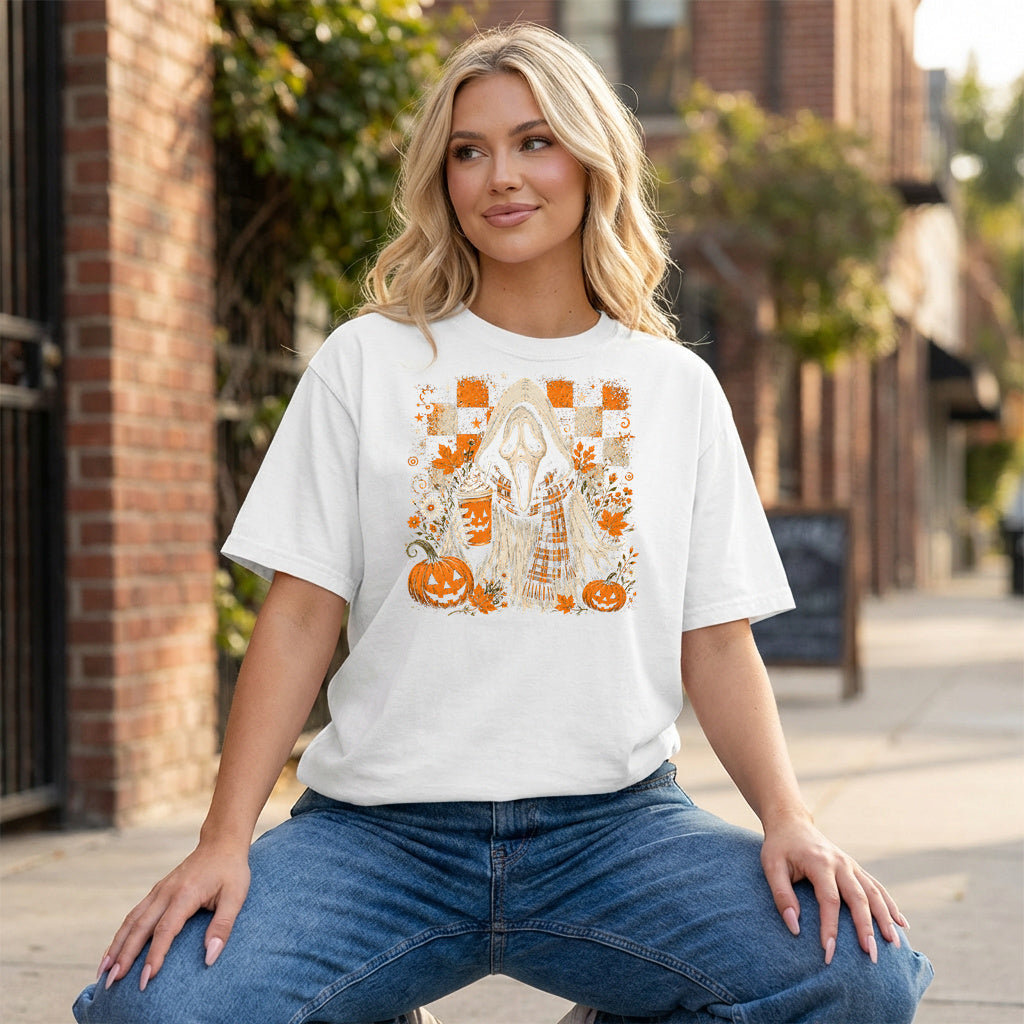 Pumpkin Spice Ghostface Graphic - White T-Shirt on model