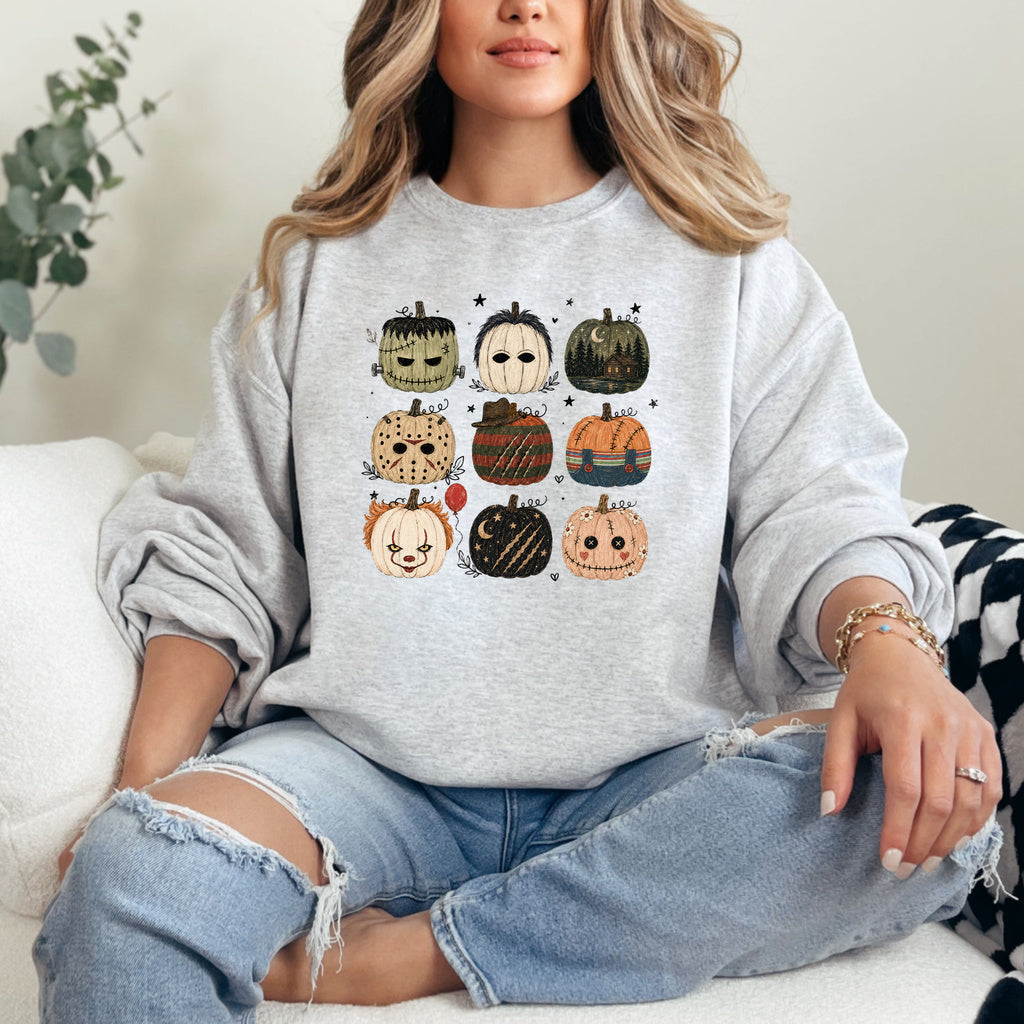 Pumpkin Villains Graphic - Ash/Heather Grey Crewneck on model