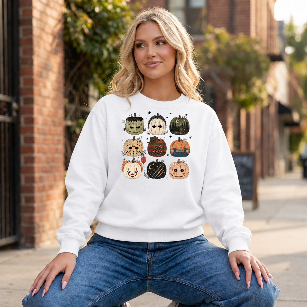 Pumpkin Villains Graphic - White Crewneck on model