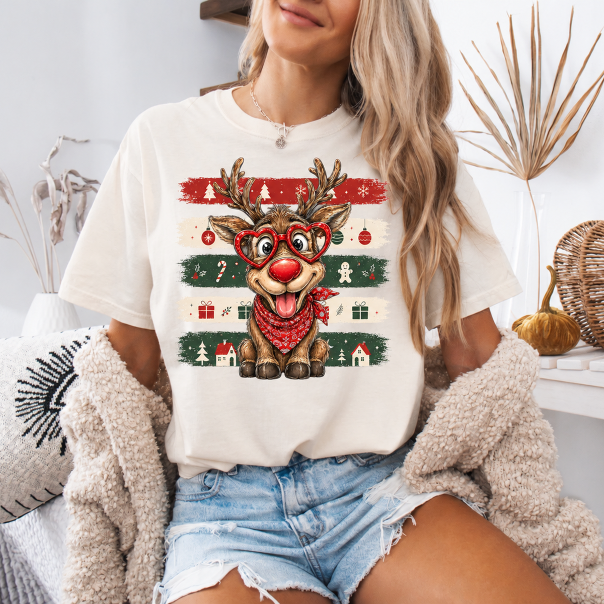Cute Reindeer Christmas Graphic on Ivory T-shirt