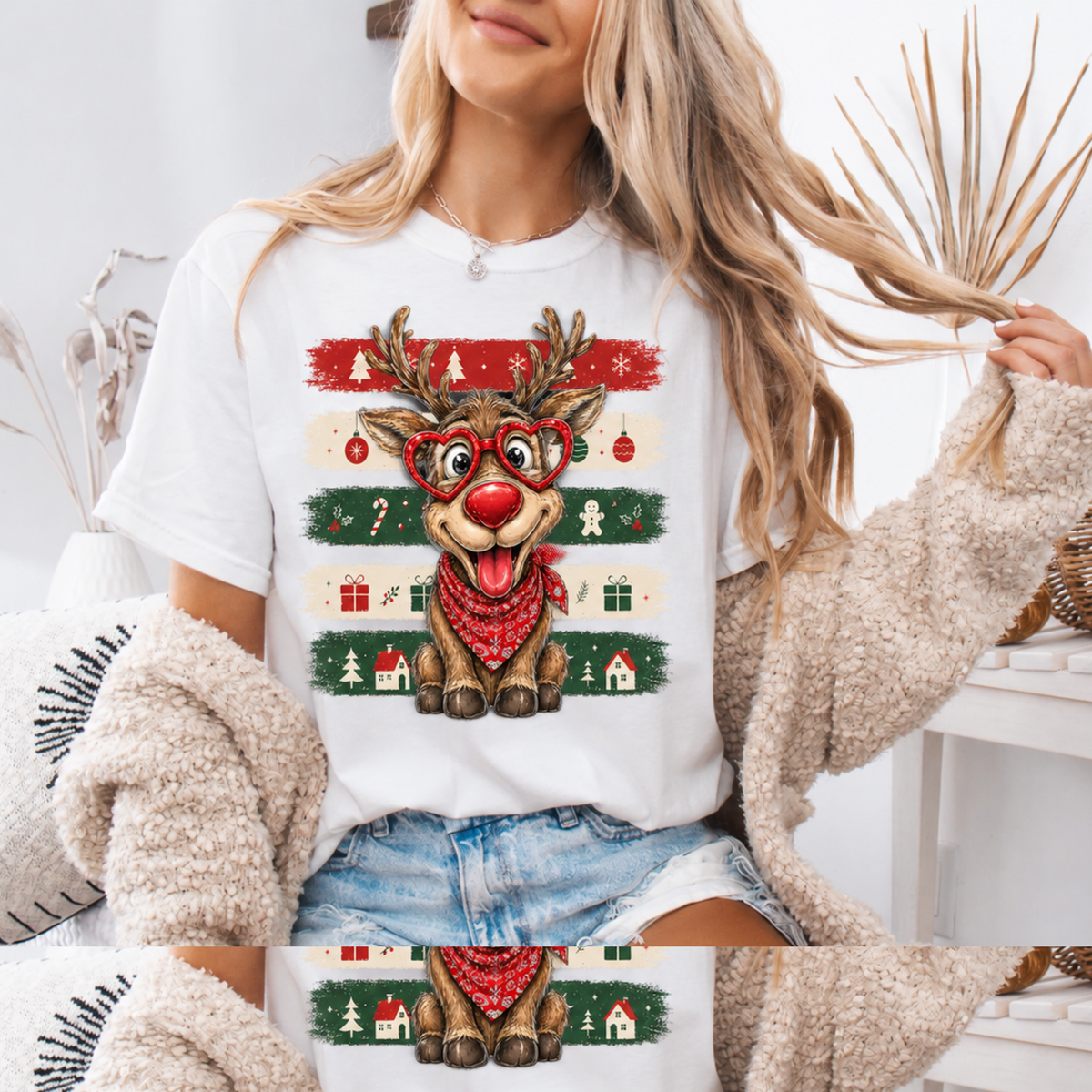 Cute Reindeer Christmas Graphic on White T-shirt