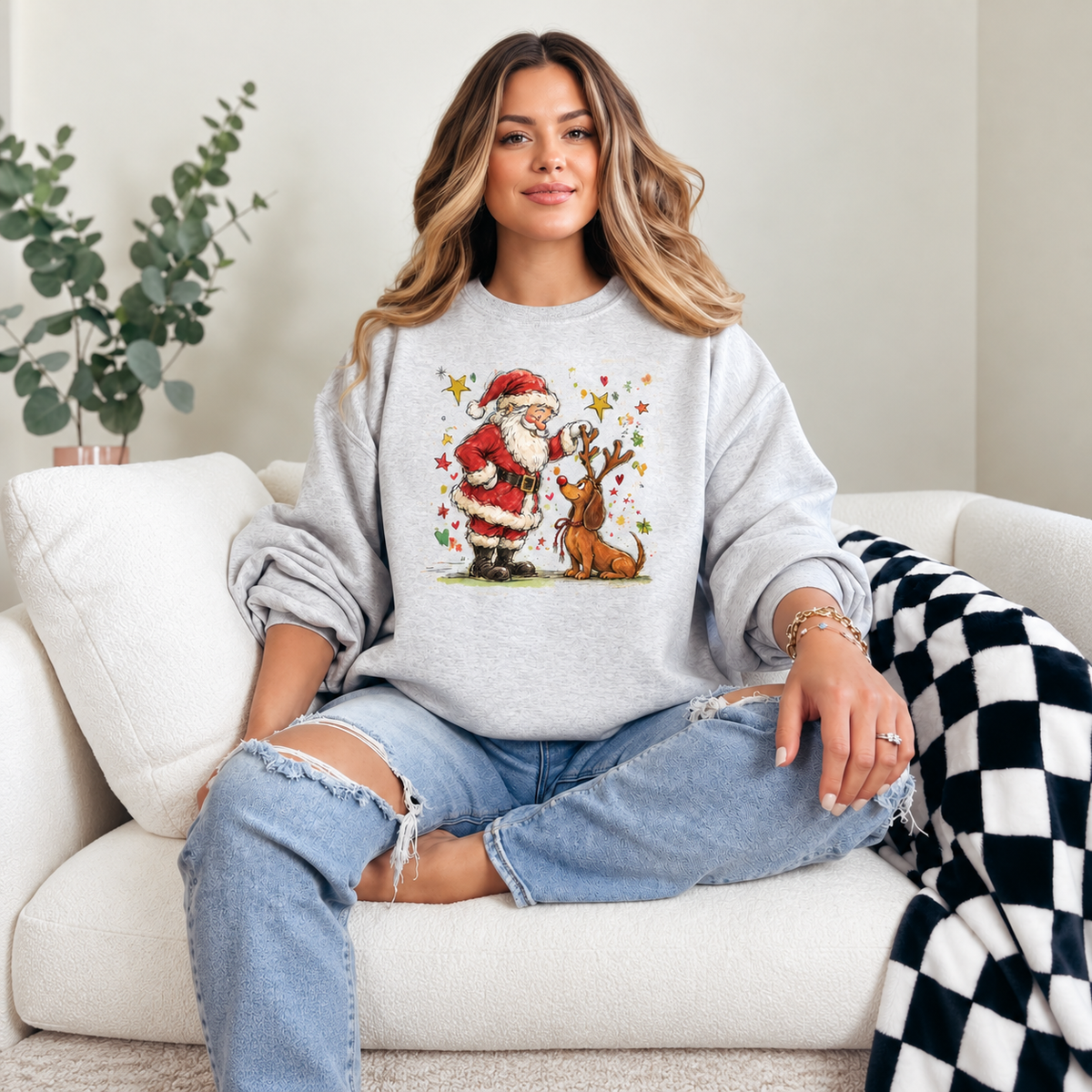 Santa and Reindeer Vintage Christmas Graphic — Ash Heather Grey Crewneck