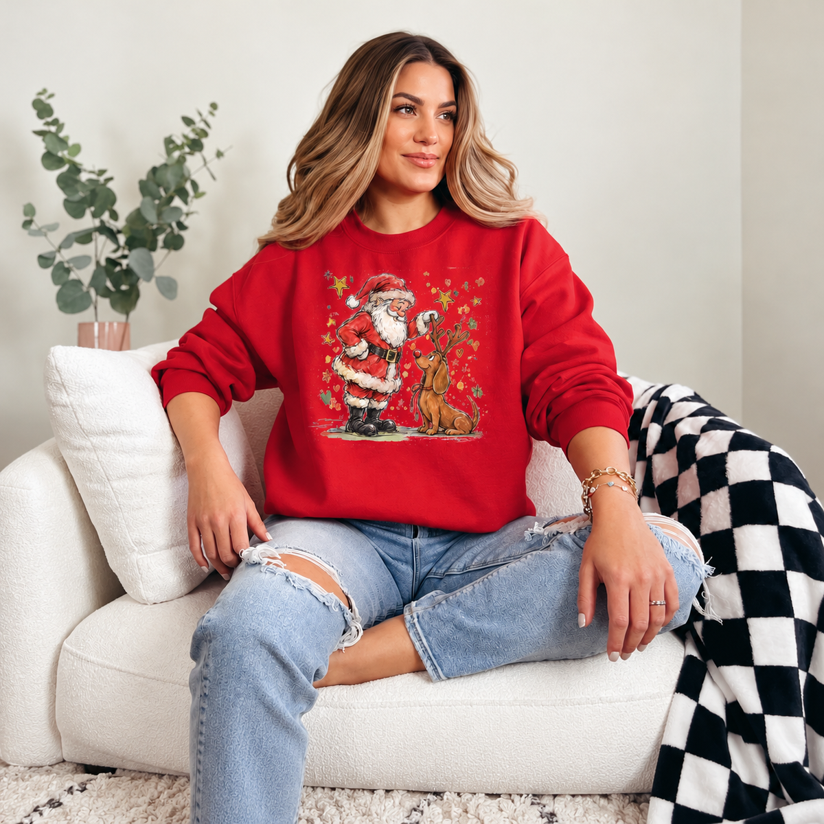 Santa and Reindeer Vintage Christmas Graphic — Red Crewneck