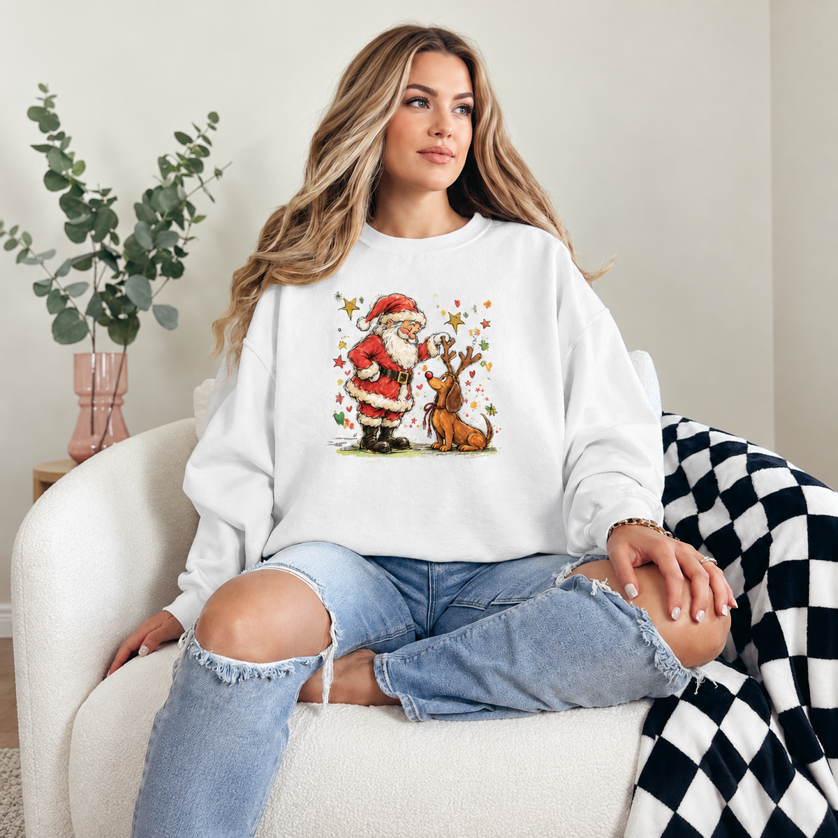 Santa and Reindeer Vintage Christmas Graphic — White Crewneck