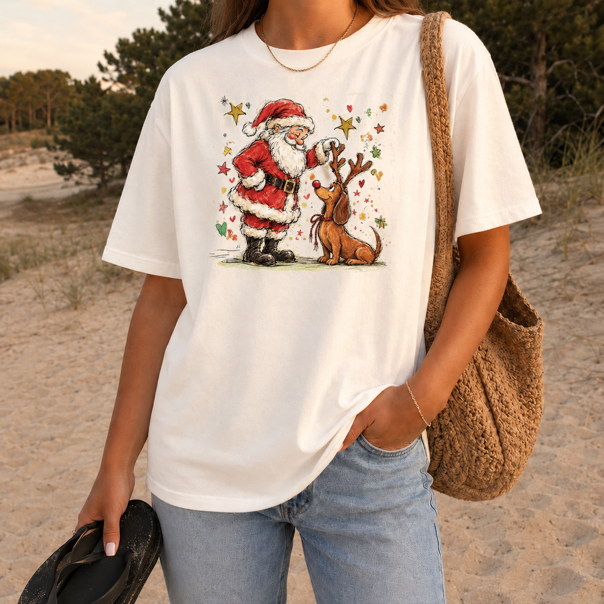 Santa and Reindeer Vintage Christmas Graphic — Ivory T-Shirt