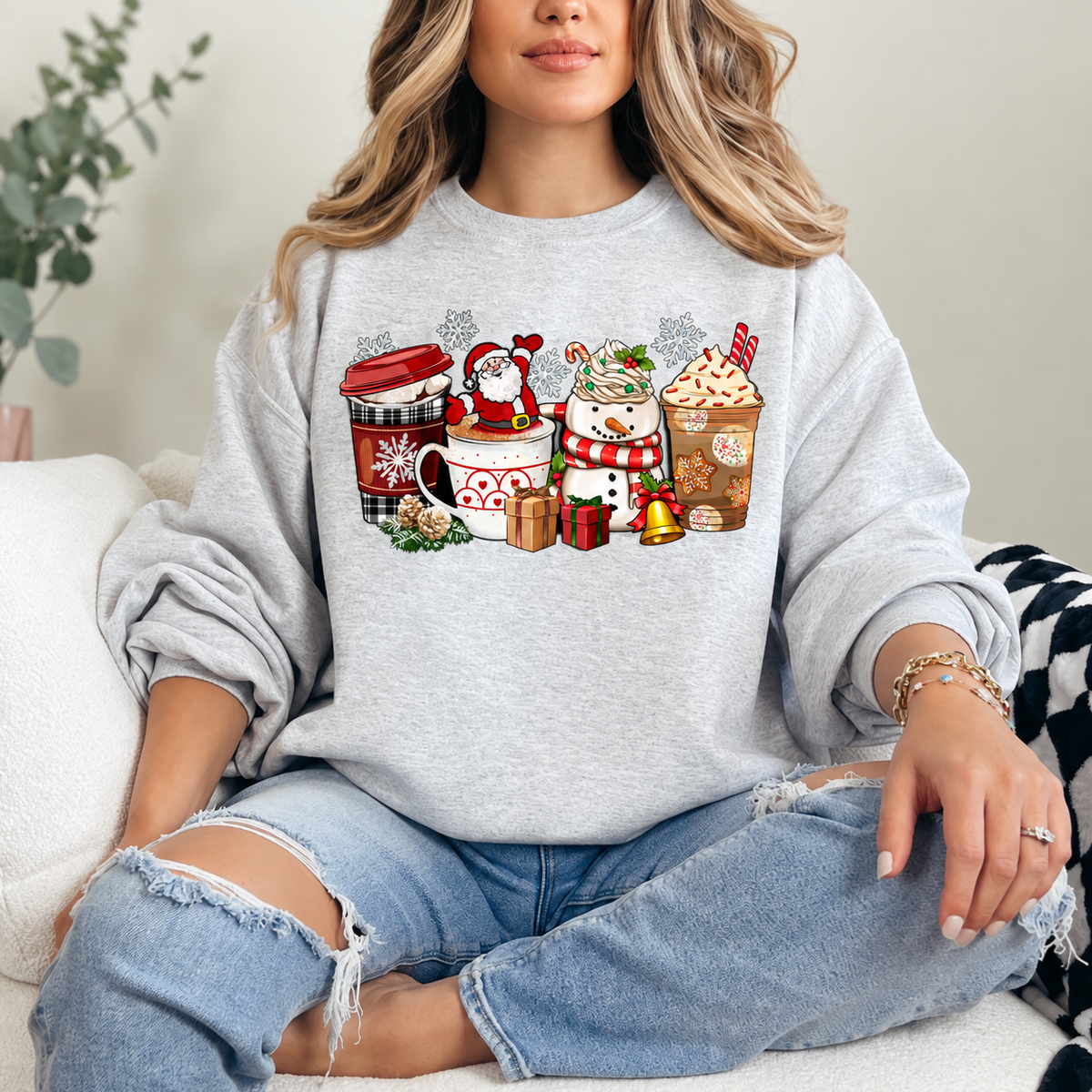 Santa and Snowman Christmas Coffee Graphic — Ash Heather Grey Crewneck