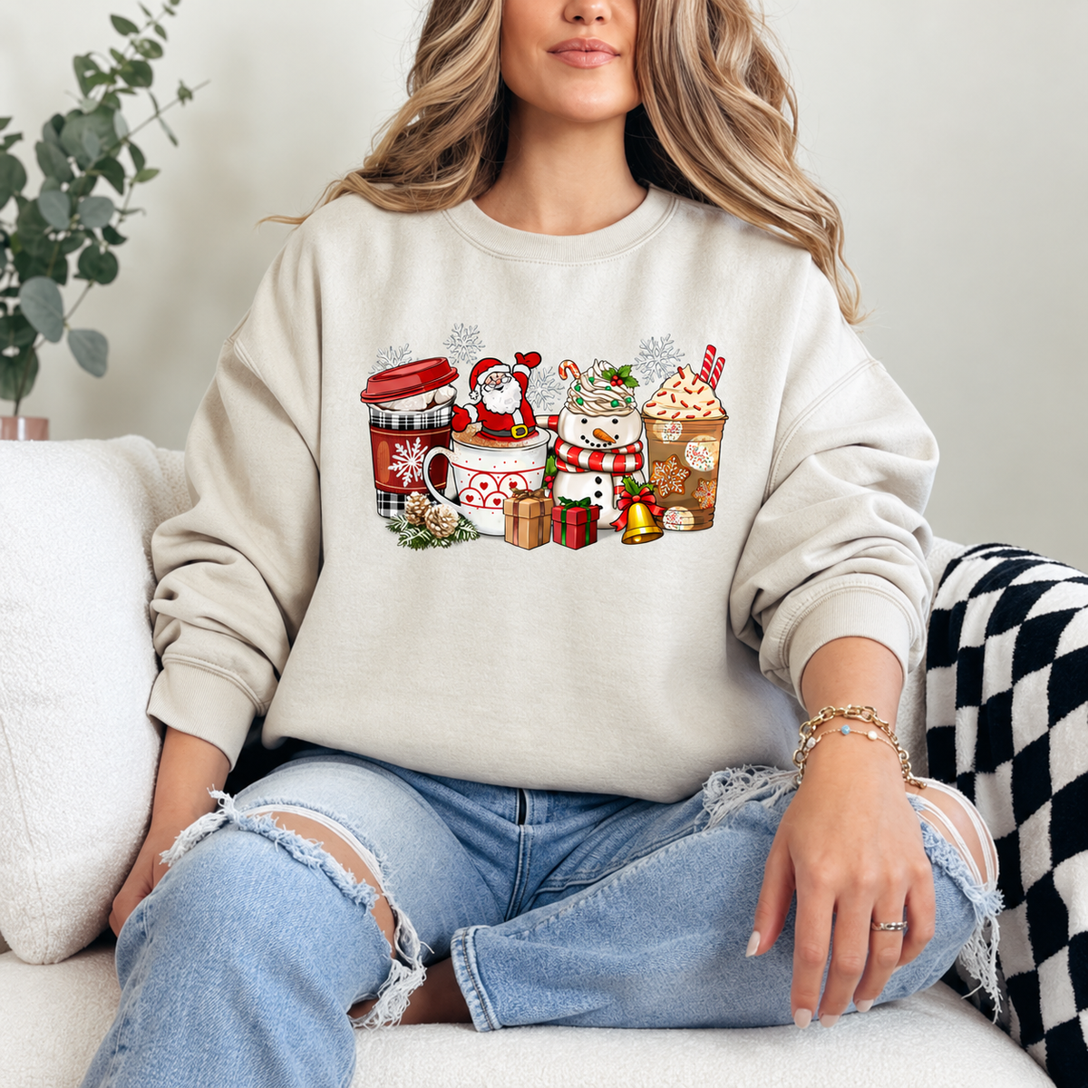 Santa and Snowman Christmas Coffee Graphic — Ivory Crewneck