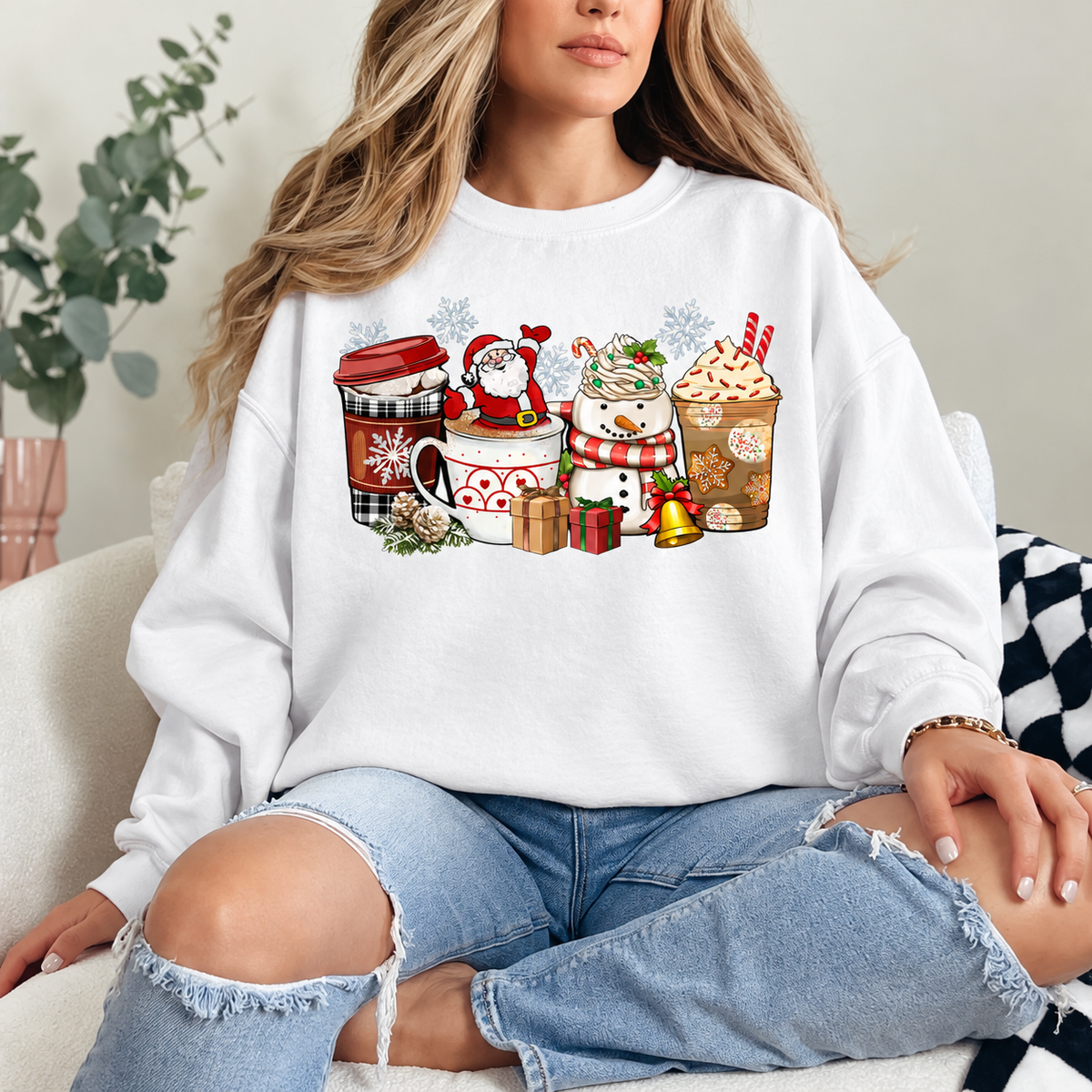 Santa and Snowman Christmas Coffee Graphic — White Crewneck