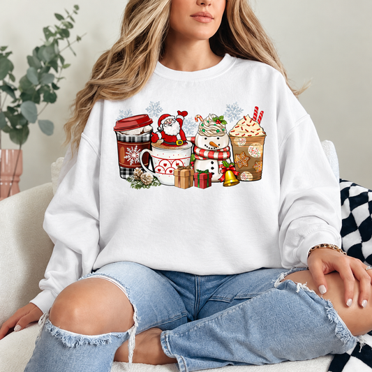 Santa and Snowman Christmas Coffee Graphic — White Crewneck