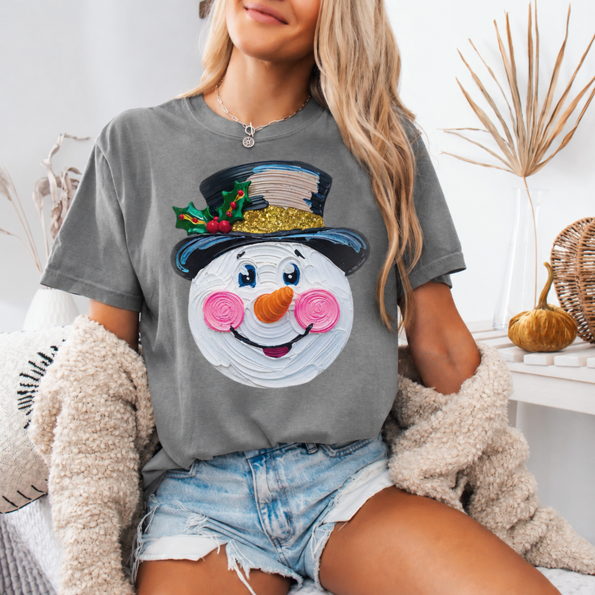 Whimsical Snowman Graphic on Grey T-shirt