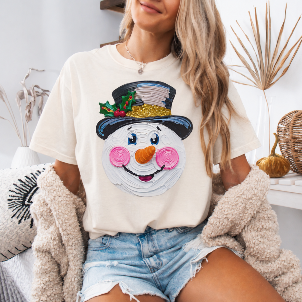 Whimsical Snowman Graphic on Ivory T-shirt