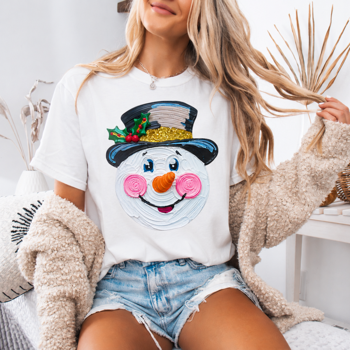 Whimsical Snowman Graphic on White T-shirt