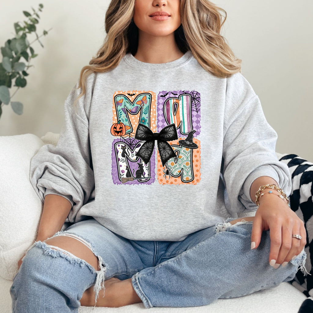 Spooky Mama Bow Graphic - Ash/Heather Grey Crewneck on model
