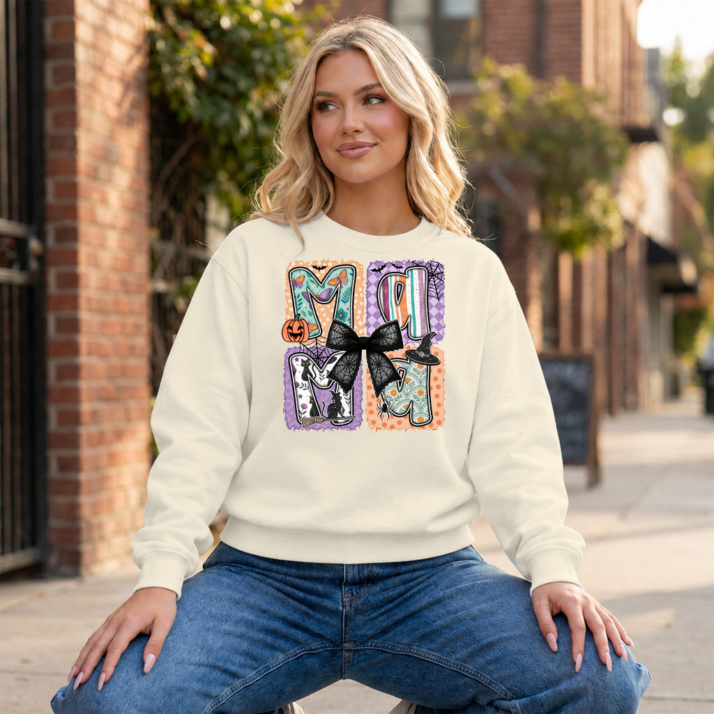Spooky Mama Bow Graphic - Ivory Crewneck on model