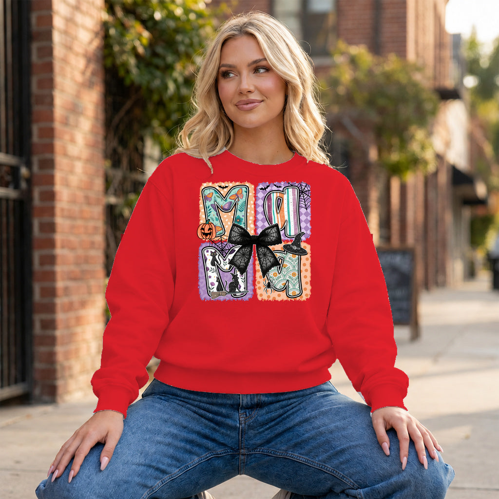 Spooky Mama Bow Graphic - Red Crewneck on model