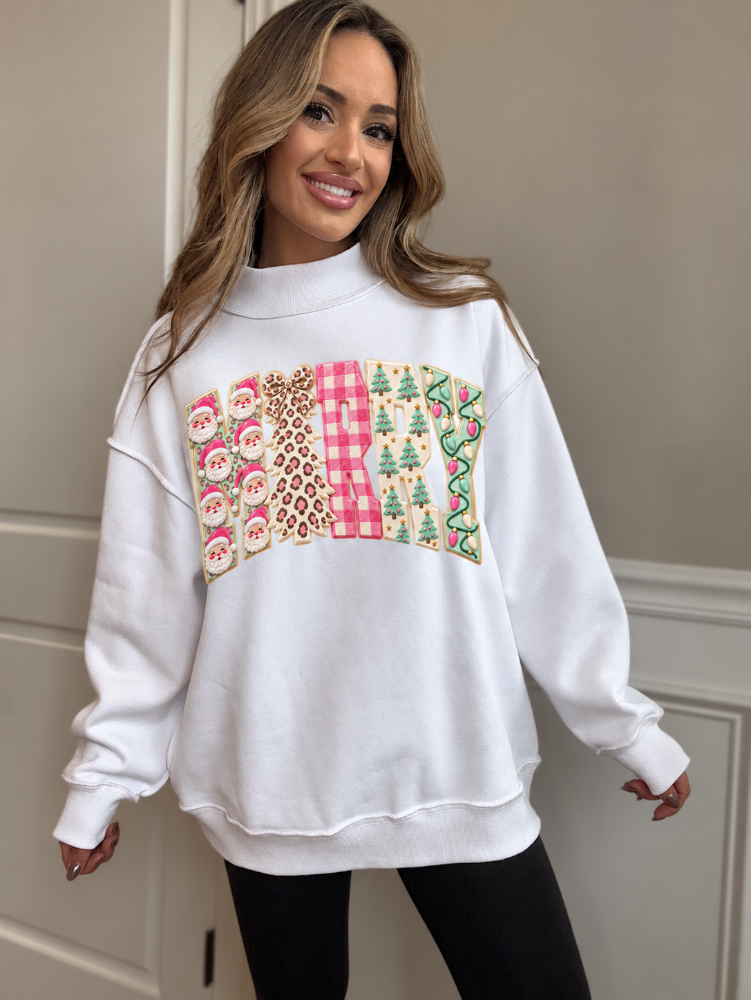 Tilly Coquette Merry Christmas Oversized Mockneck Crew — White