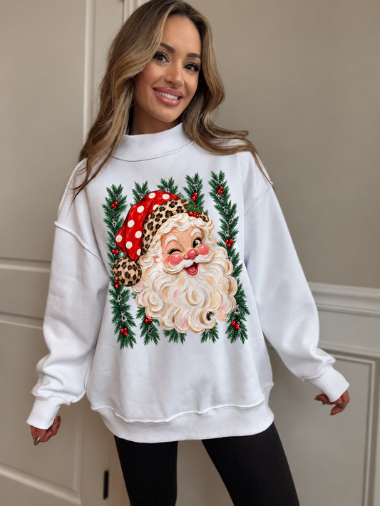 Tilly Evergreen Leopard Santa Oversized Mockneck Crew — White