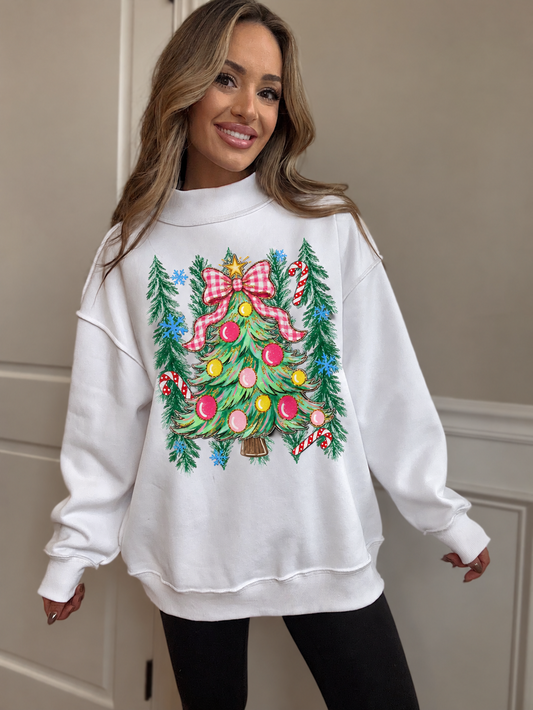 Tilly Plaid Bow Christmas Tree Oversized Mockneck Crew — White