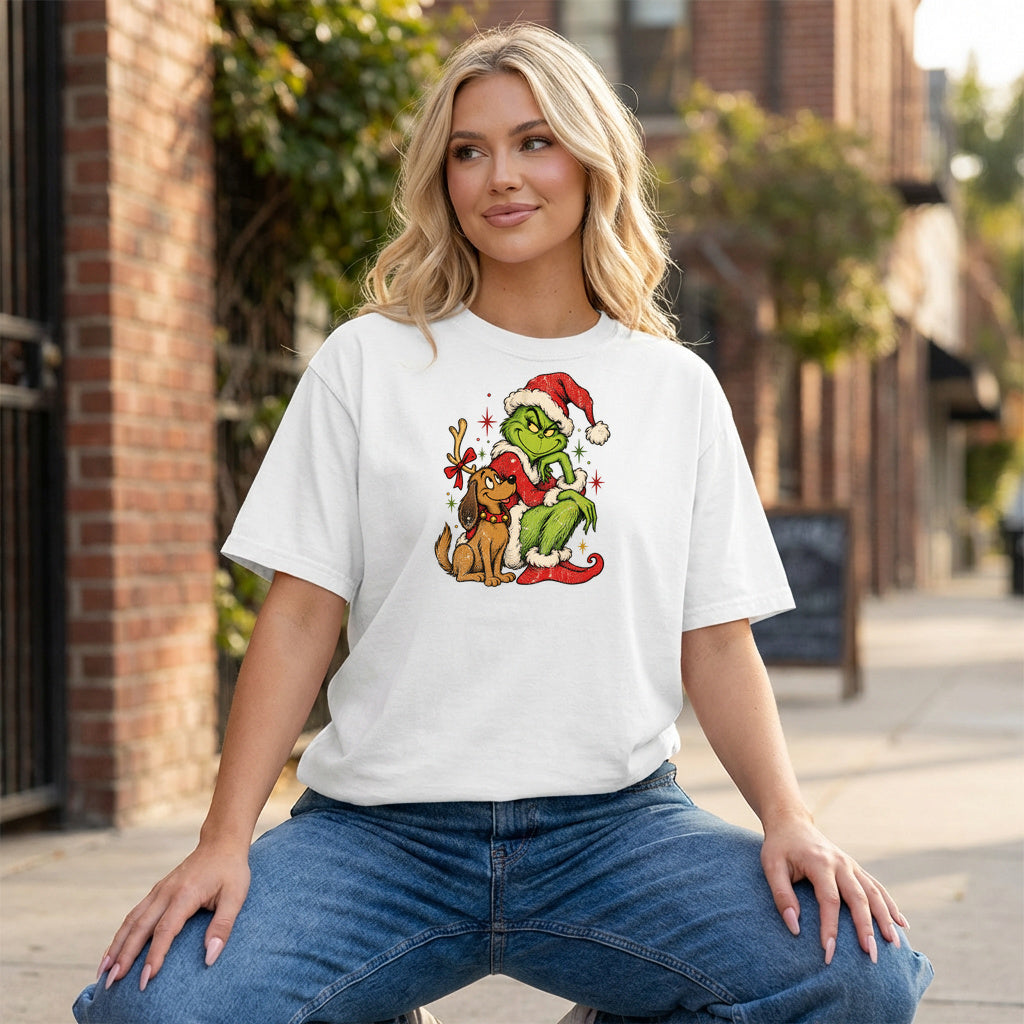 Vintage Grinch & Max Christmas Graphic - White T-Shirt on model