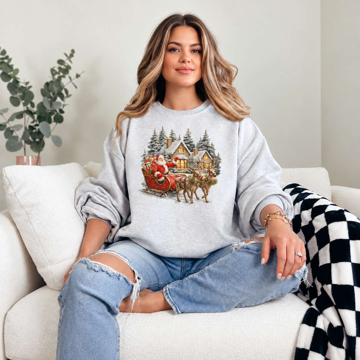 Vintage Santa Sleigh and Cottage Graphic — Ash Heather Grey Crewneck