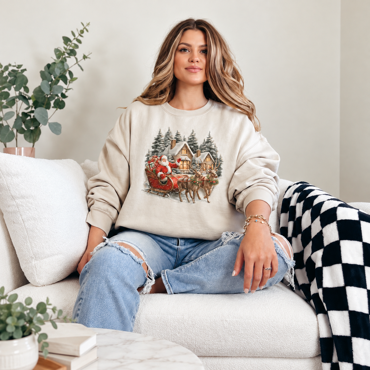 Vintage Santa Sleigh and Cottage Graphic — Ivory Crewneck