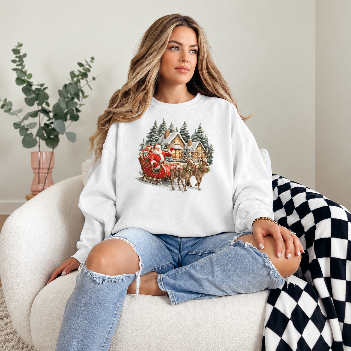 Vintage Santa Sleigh and Cottage Graphic — White Crewneck