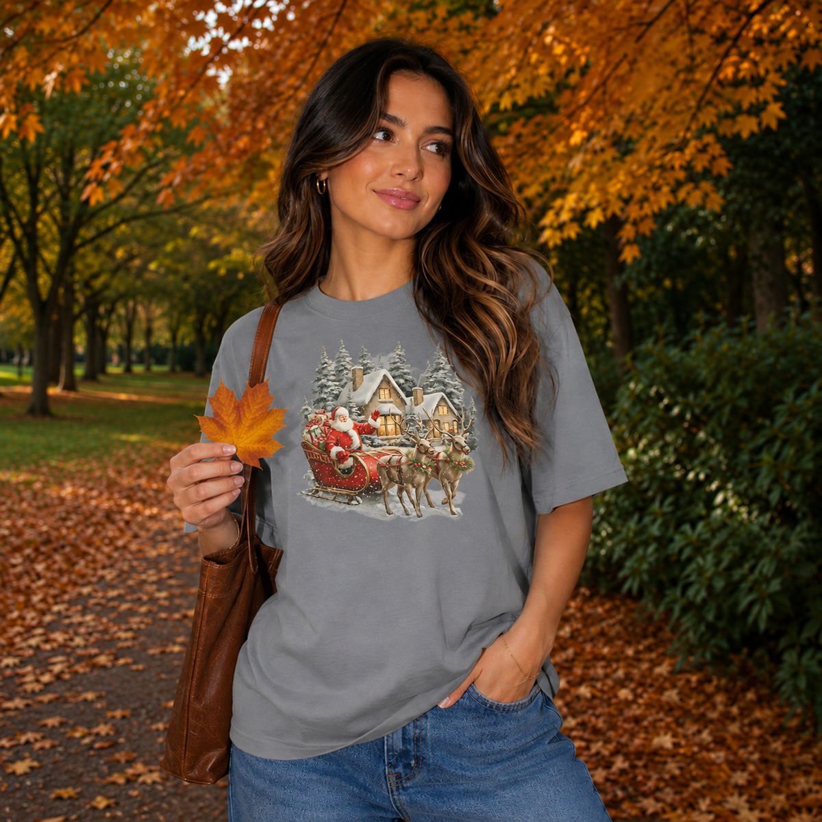Vintage Santa Sleigh and Cottage Graphic — Grey T-Shirt