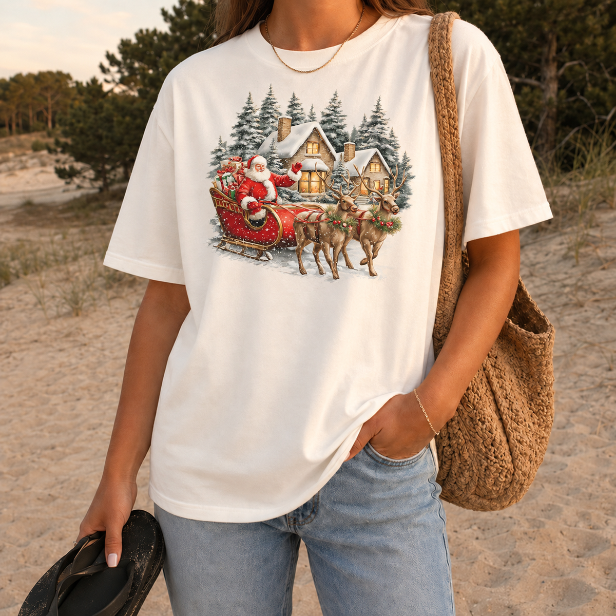 Vintage Santa Sleigh and Cottage Graphic — Ivory T-Shirt