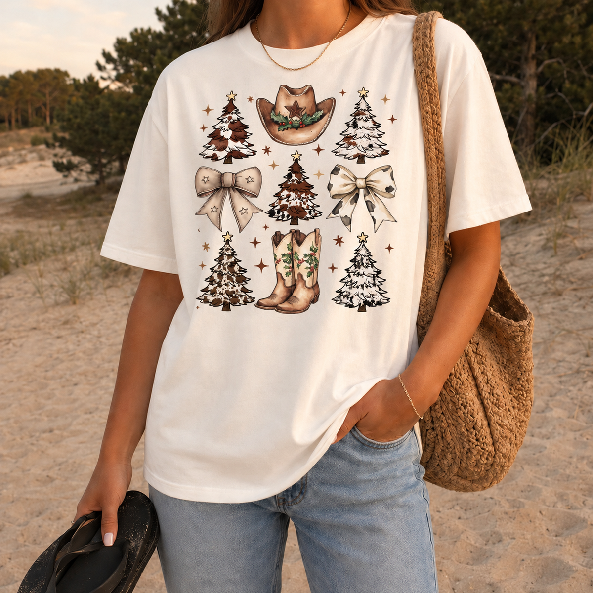 Western Christmas Bows and Boots Graphic — Ivory T-Shirt