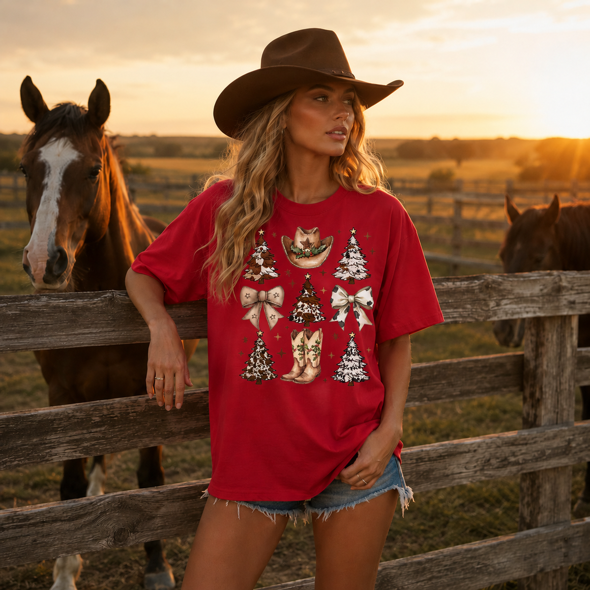 Western Christmas Bows and Boots Graphic — Red T-Shirt