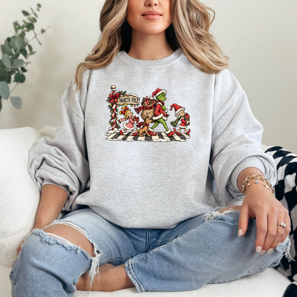 Whoville Christmas Parade Graphic - Ash/Heather Grey Crewneck on model
