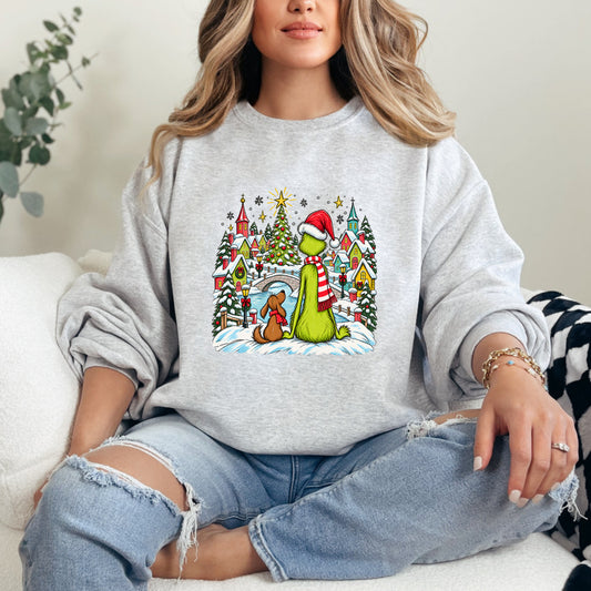 Whoville Christmas Snow Scene Graphic - Ash/Heather Grey Crewneck on model