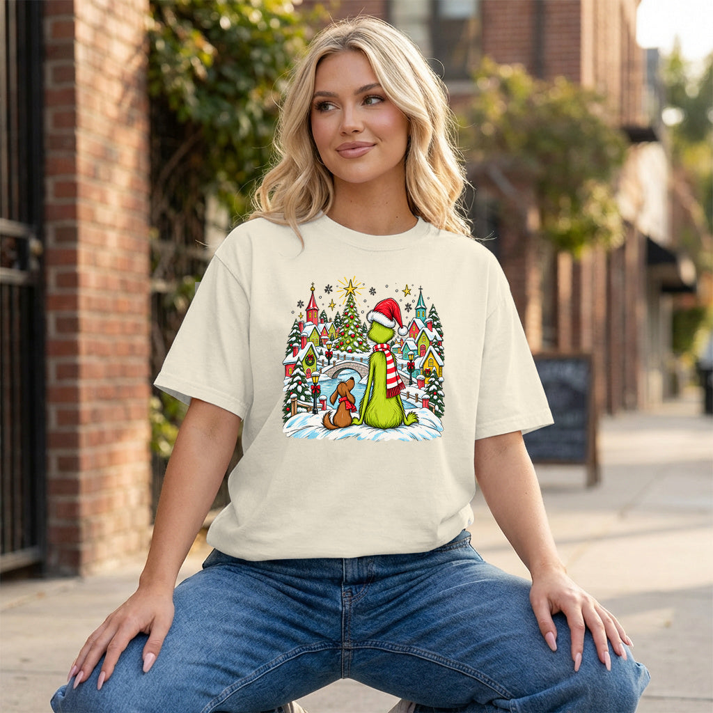 Whoville Christmas Snow Scene Graphic - Ivory T-Shirt on model