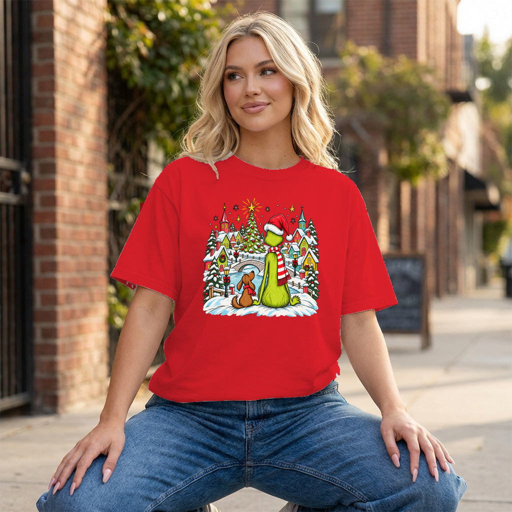 Whoville Christmas Snow Scene Graphic - Red T-Shirt on model