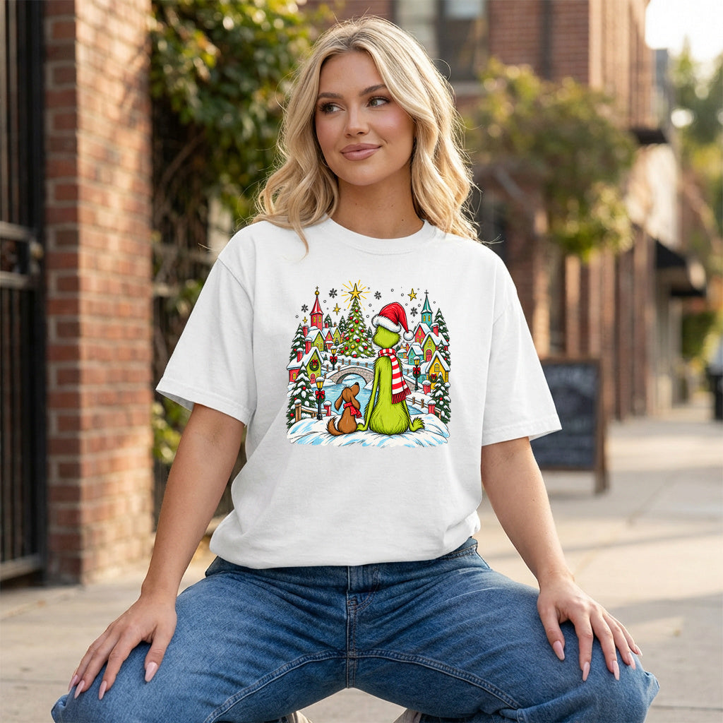Whoville Christmas Snow Scene Graphic - White T-Shirt on model