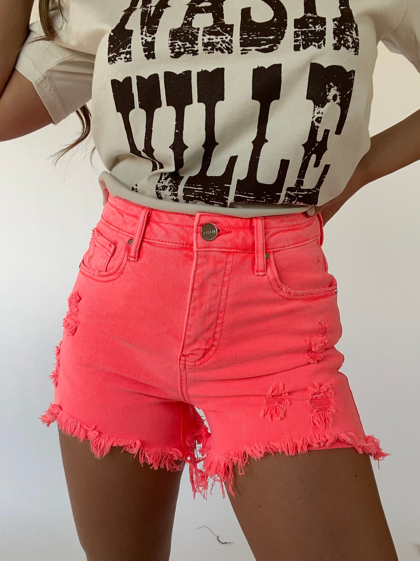 Tropics Distressed Risen Shorts- Neon Coral