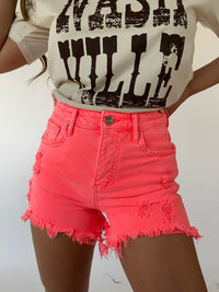Tropics Distressed Risen Shorts- Neon Coral