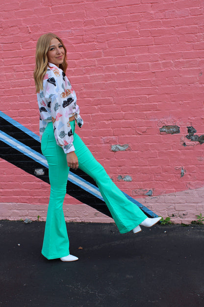 Buy our "Fiona High Waisted Bell Bottom Flare Jeans - Mint" online – Willow Boutique Clothing. Shop stylish Fiona High Waisted Bell Bottom Flare Jeans - Mint today.